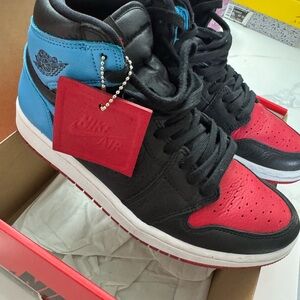 Women Air Jordan 1 High OG Sneakers in Black, Red, and Blue
